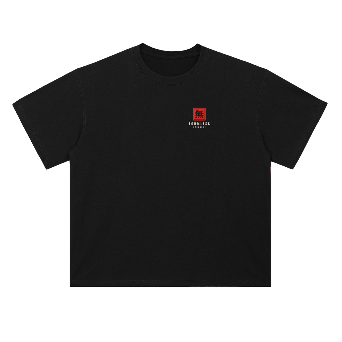 UTSUSEMI heavyweight boxy graphic tee in Black, flat front view with small red chest logo | Formless
