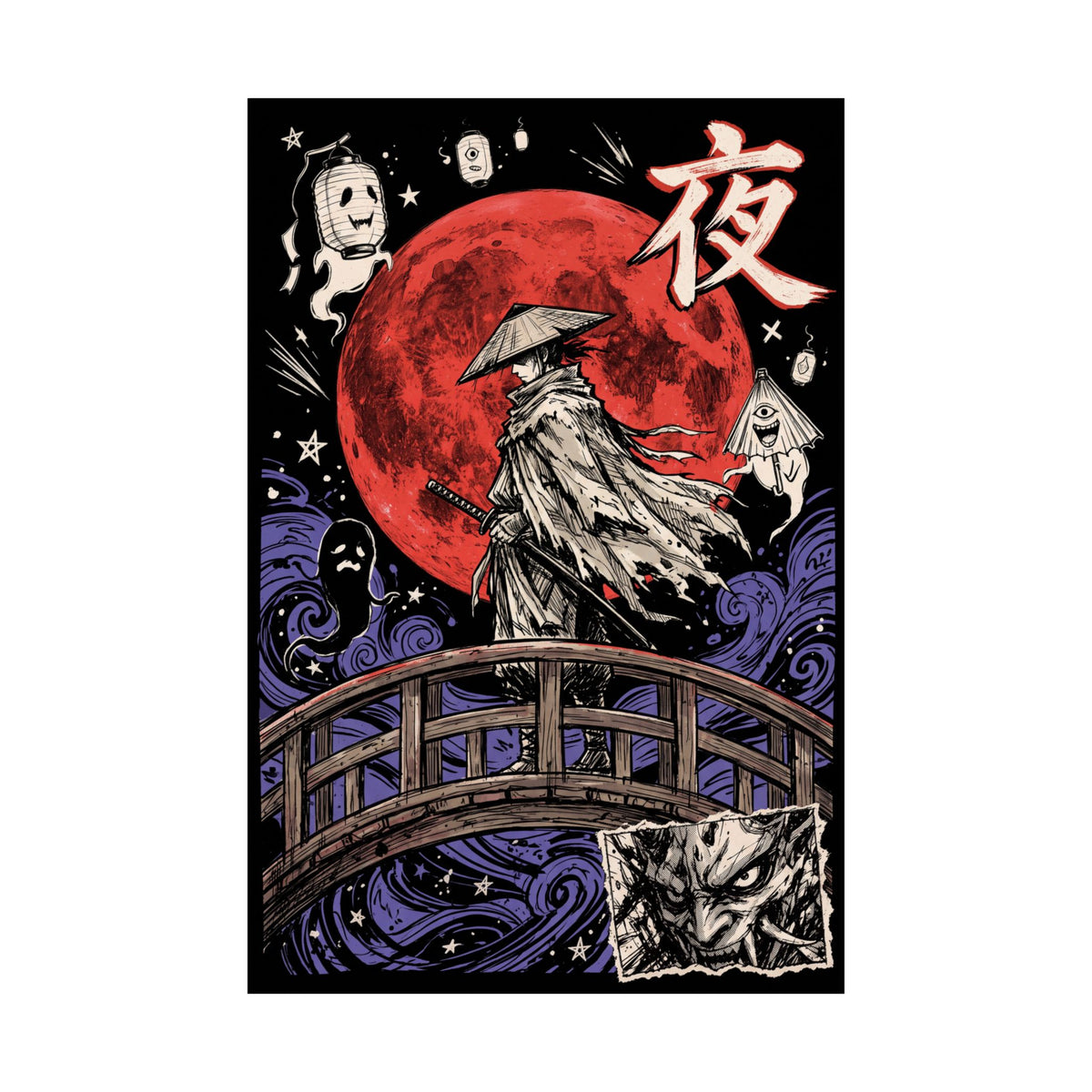 YORU RŌNIN hand-drawn Japanese art poster, flat full-artwork view of a rōnin under a blood-red moon on black | Formless