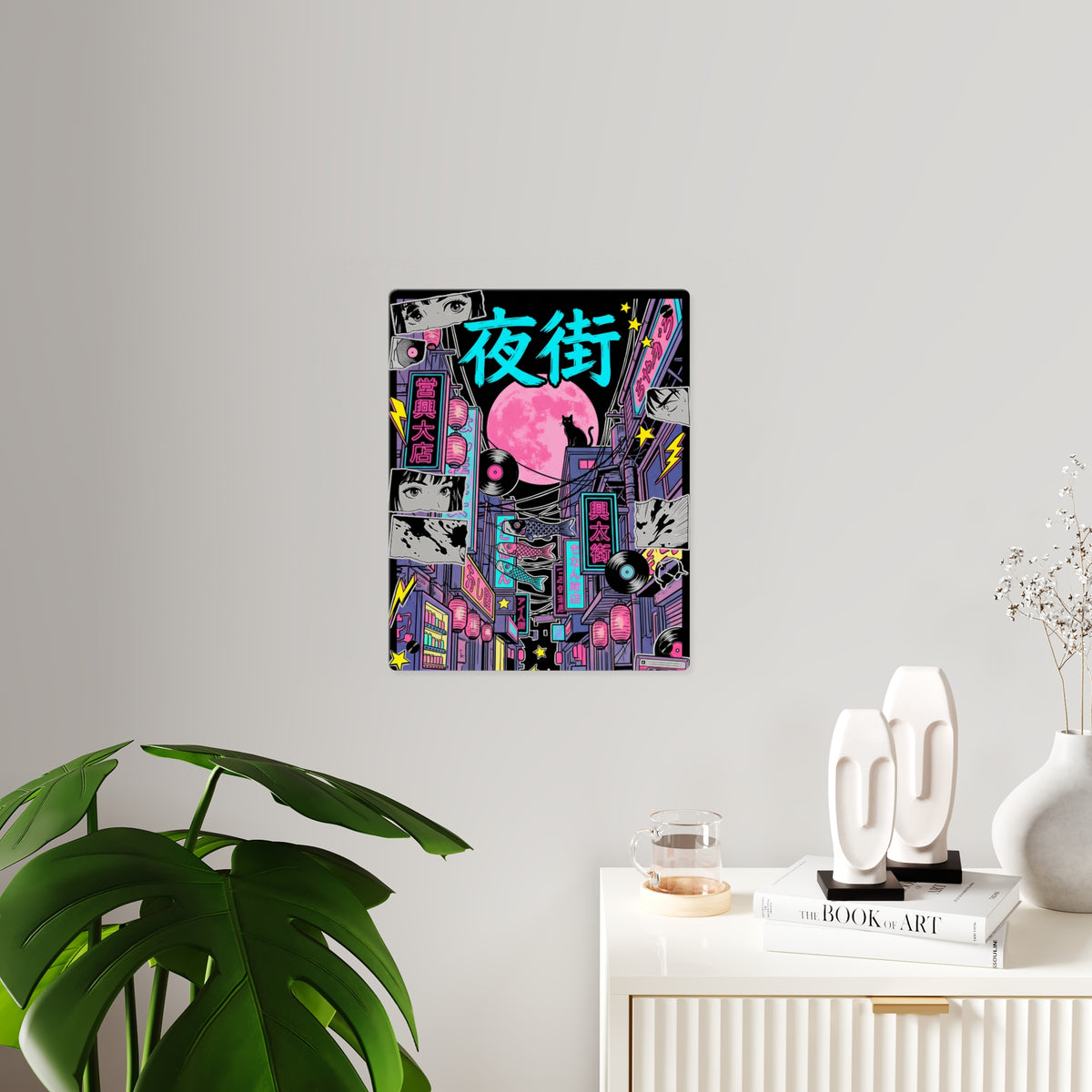 YORU MACHI NEON ALLEY acrylic wall art panel on a white wall beside a plant and sideboard | Formless