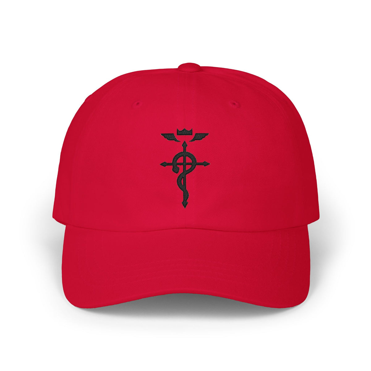 Embroidered cotton twill dad cap in Cranberry, front view with embroidered sigil | Formless