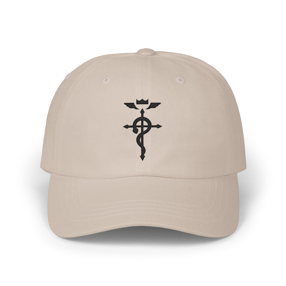 Embroidered cotton twill dad cap in Stone, front view with embroidered sigil | Formless