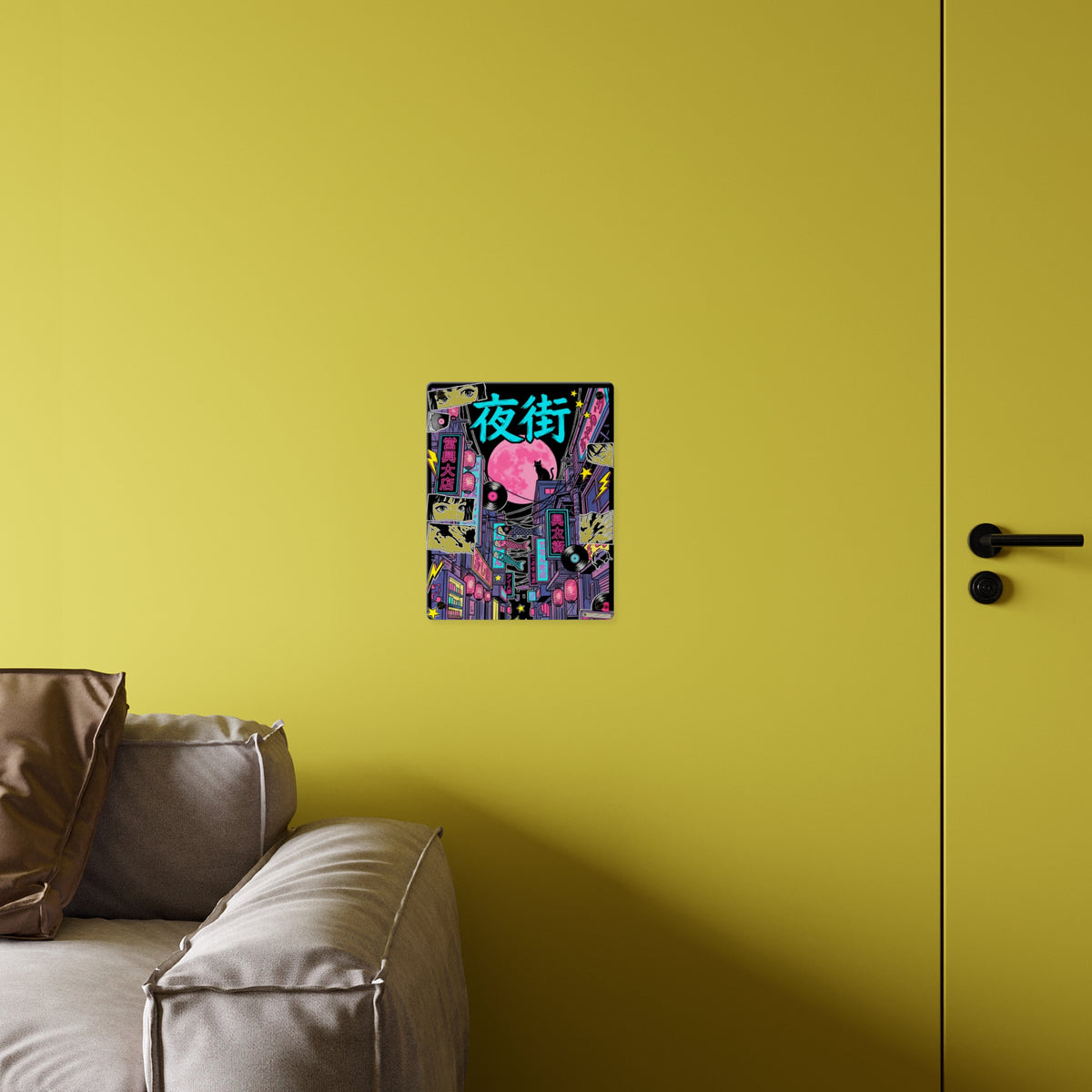 YORU MACHI NEON ALLEY acrylic wall art panel on a yellow wall above a sofa | Formless