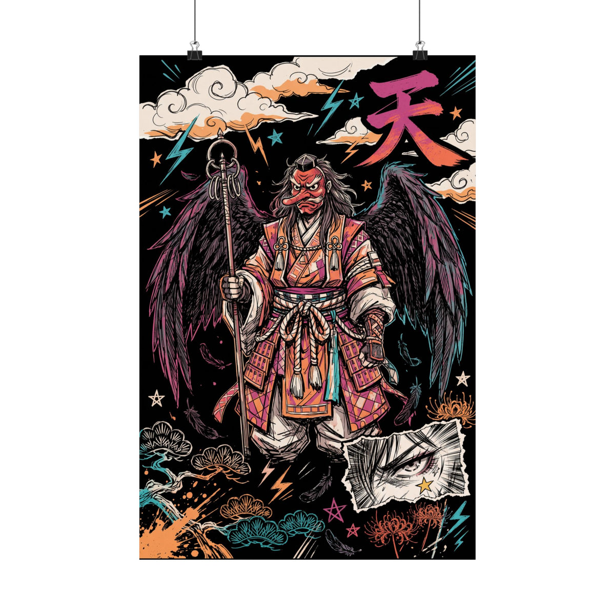TENGU hand-drawn Japanese art poster, front view with a winged tengu warrior in armor, hung on clips | Formless