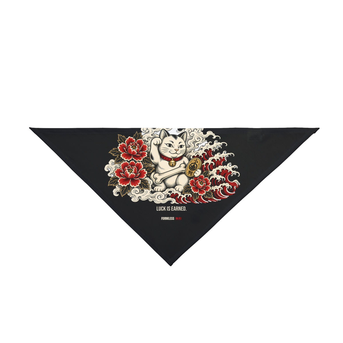 MANEKI dog bandana in black with lucky cat, red flowers and waves print, flat front view | Formless