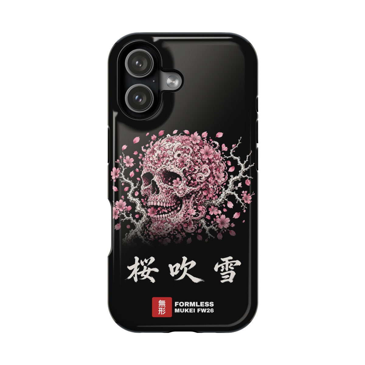 SAKURA FUBUKI magnetic tough phone case with cherry blossom skull artwork, iPhone 17 glossy front view | Formless