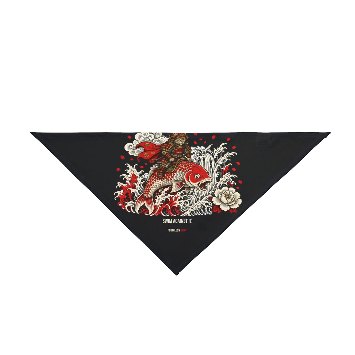 KOI dog bandana in black with red koi, waves and white flowers print, flat front view | Formless