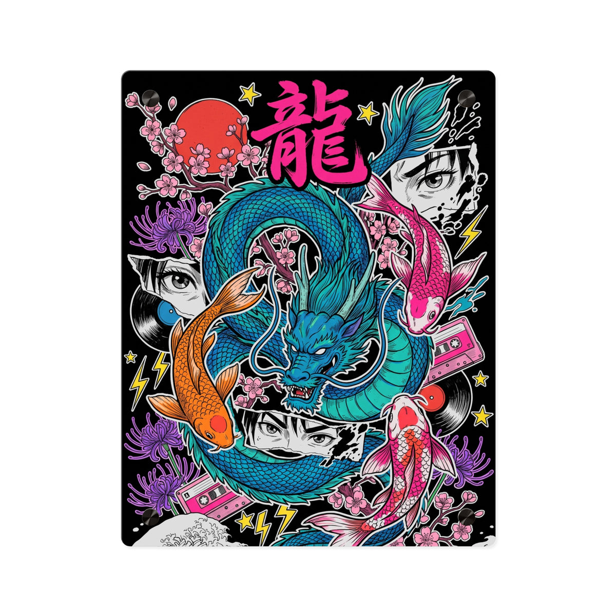 RYŪ KOI DRAGON acrylic wall art panel, front view with a teal dragon and koi on black | Formless