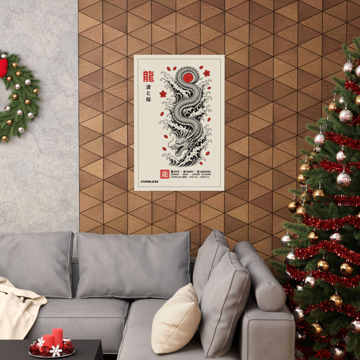 RYŪ dragon matte poster, 24×36 in, display on a wood-panel wall above a sofa | Formless