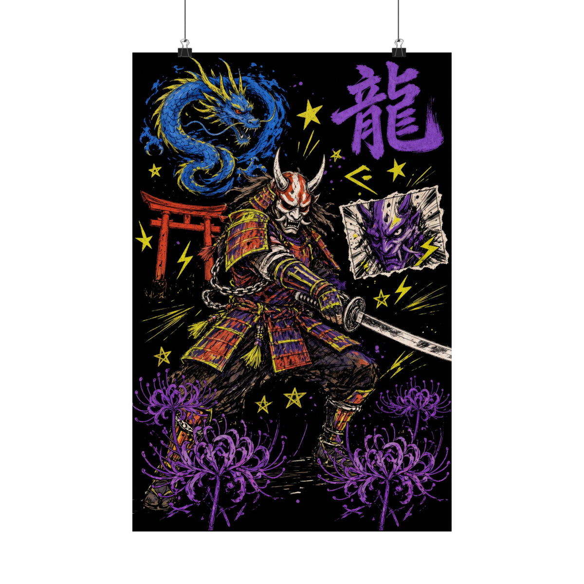 RYŪ SAMURAI hand-drawn Japanese art poster, front view with an oni-masked samurai and dragon, hung on clips | Formless