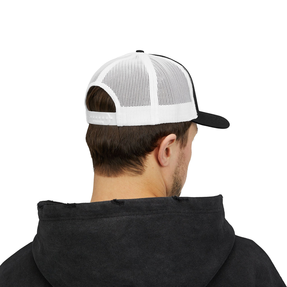 BRB DYING embroidered trucker cap in Black / White with white BRB DYING embroidery on the front – worn, back | Formless
