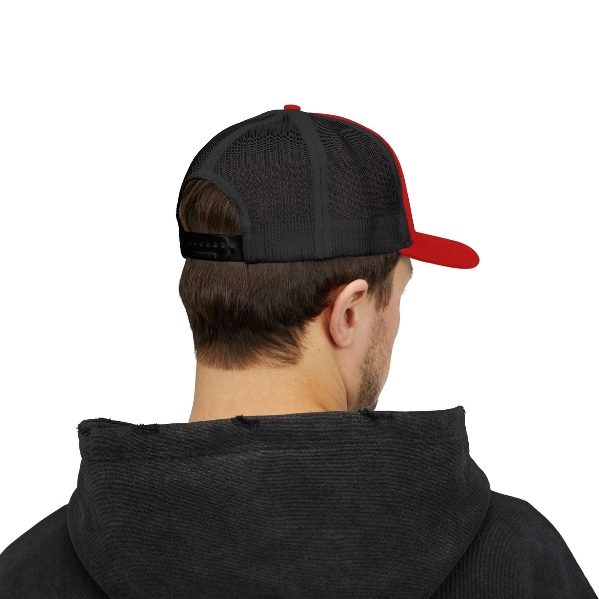 BRB DYING embroidered trucker cap in Red/Black with white BRB DYING embroidery on the front – worn, back | Formless