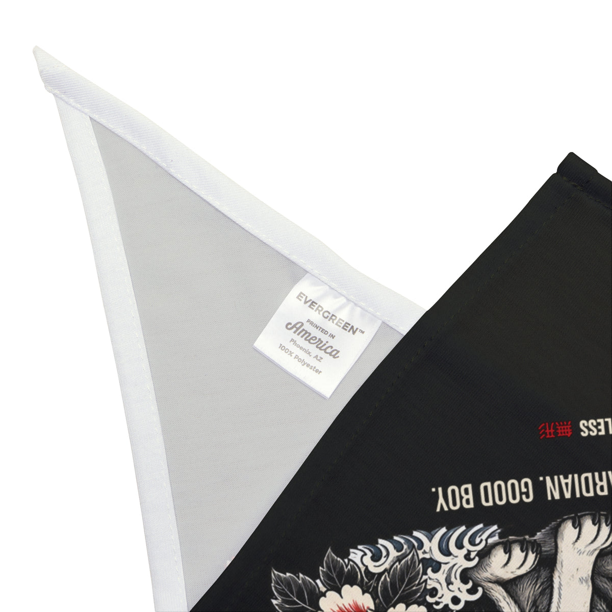 KITSUNE dog bandana in black with fox-mask guardian dog and flowers print, corner detail with hem and care label | Formless