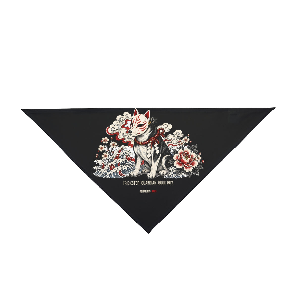 KITSUNE dog bandana in black with fox-mask guardian dog and flowers print, close-up of the print | Formless