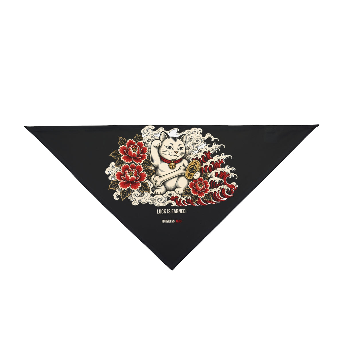 MANEKI dog bandana in black with lucky cat, red flowers and waves print, close-up of the print | Formless