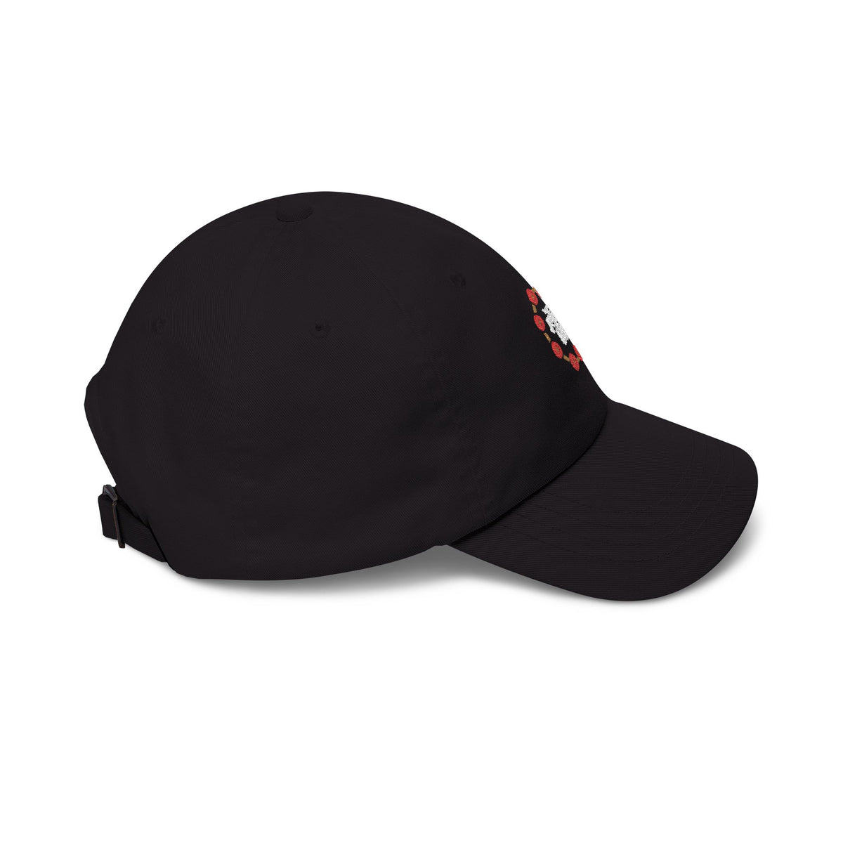 Black Formless 雷 Raijin drum ring embroidered dad cap, right side view