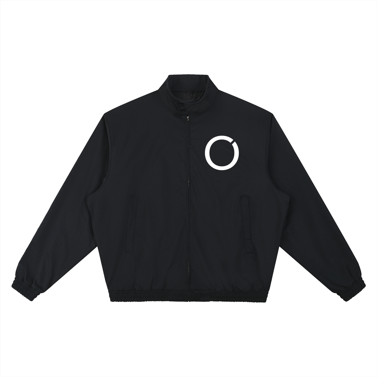 Black stand collar bomber jacket, flat front view with ring emblem on the chest | Formless