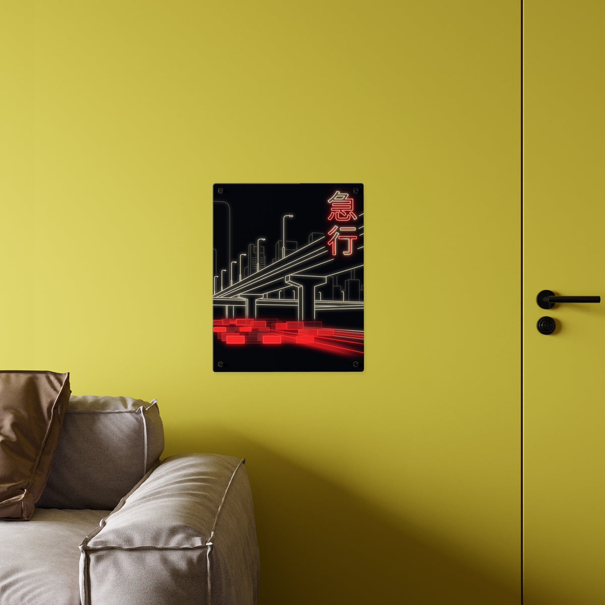 KYŪKŌ EXPRESS acrylic wall art panel, larger panel on a yellow wall above a sofa | Formless