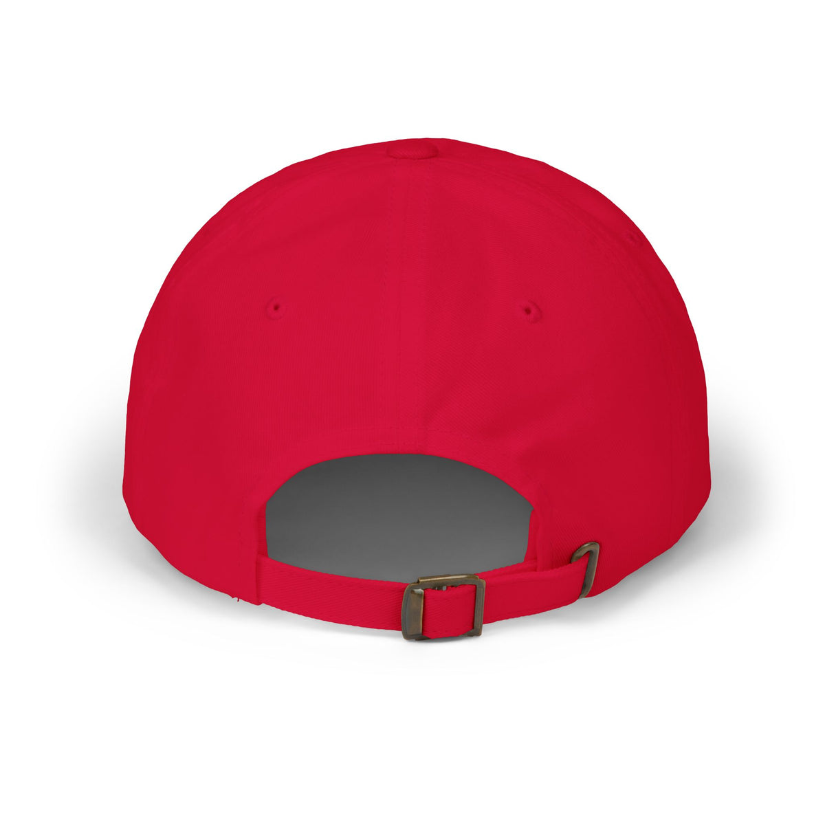 Embroidered cotton twill dad cap in Cranberry, back view with brass buckle strap | Formless