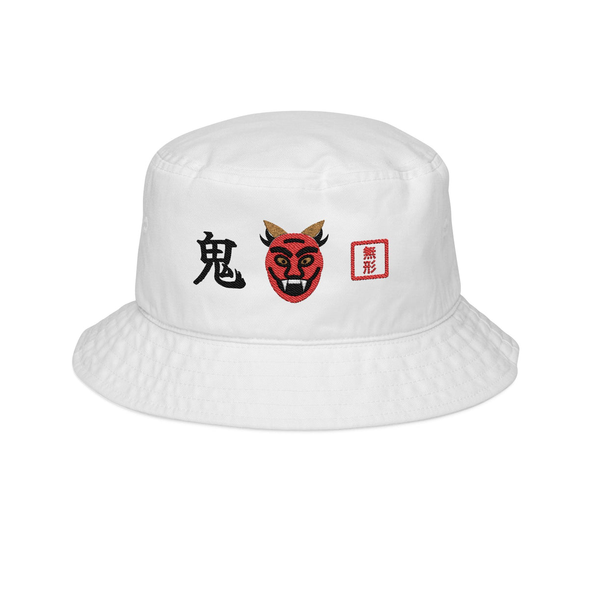 White Formless embroidered bucket hat with 鬼 oni kanji, red oni mask and red 無形 seal