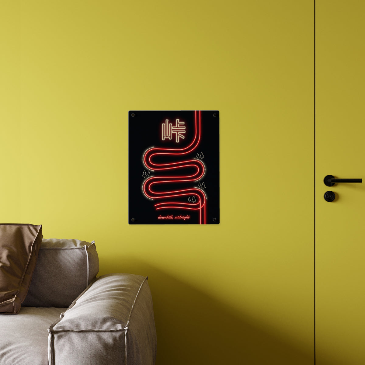 TOUGE MOUNTAIN PASS acrylic wall art panel, larger panel on a yellow wall above a sofa | Formless