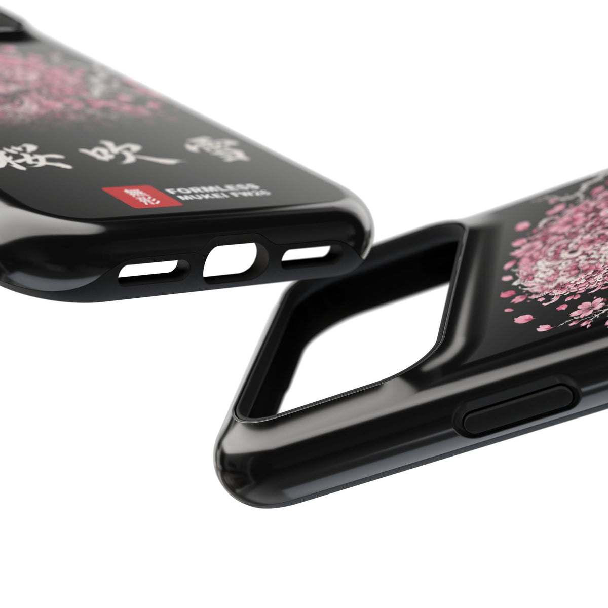 SAKURA FUBUKI magnetic tough phone case with cherry blossom skull artwork, iPhone 18 Pro Max edge and port close-up | Formless