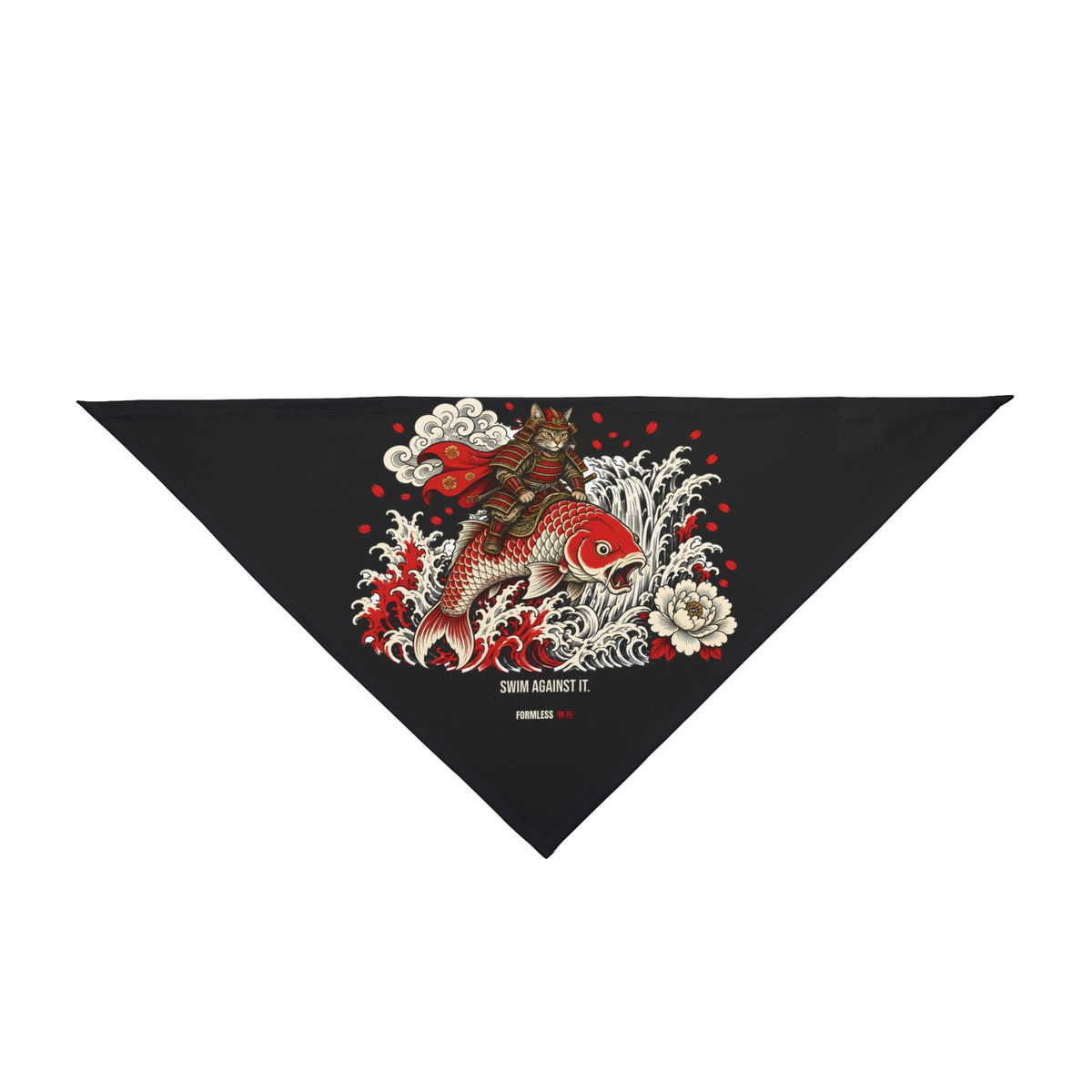 KOI dog bandana in black with red koi, waves and white flowers print, close-up of the print | Formless