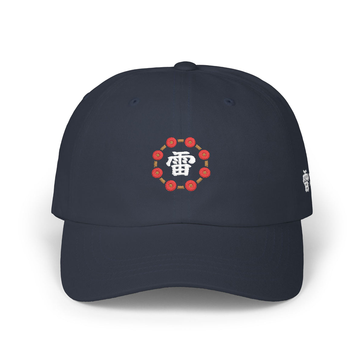 Navy Formless 雷 Raijin drum ring embroidered dad cap, front view with ring of eight drums around a brush-style 雷