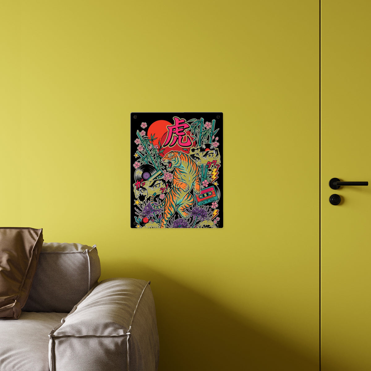 TORA TIGER acrylic wall art panel, larger panel on a yellow wall above a sofa | Formless