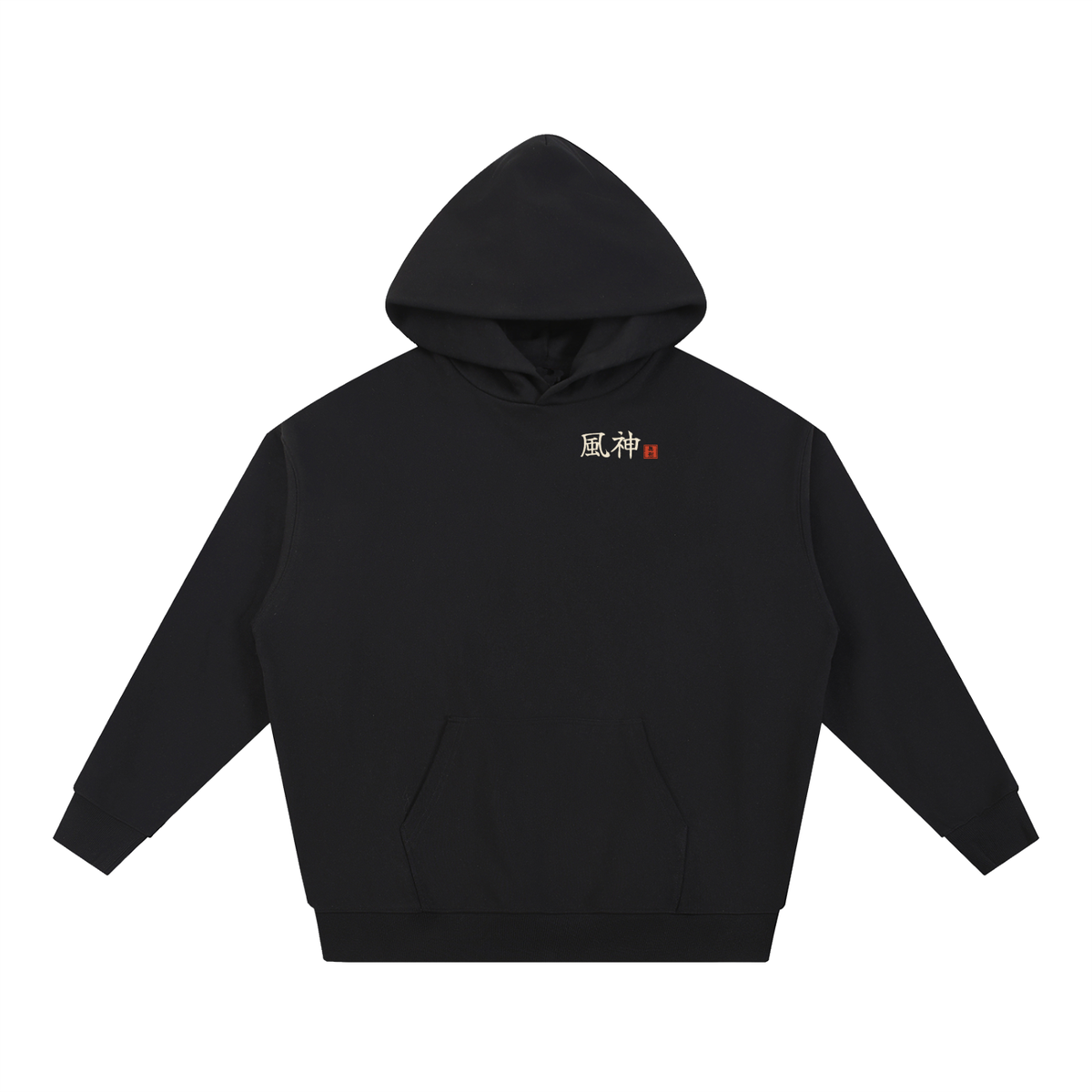 FŪJIN 風神 heavyweight hoodie in Black, front with kanji chest print