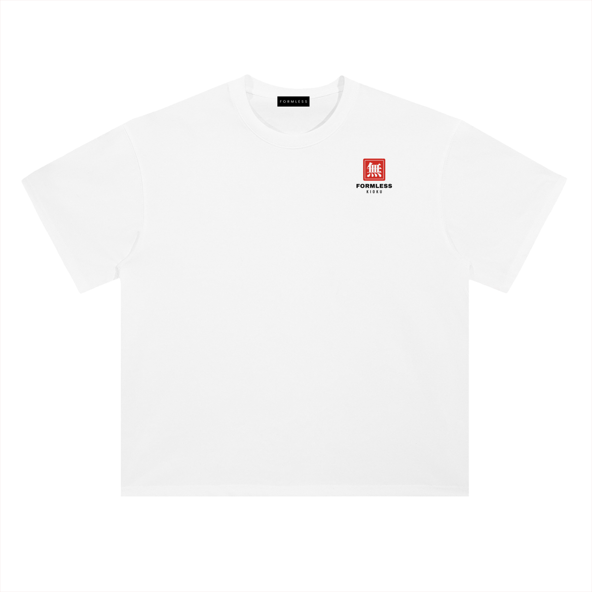 KIOKU heavyweight boxy graphic tee in White, flat front view with small red chest logo | Formless