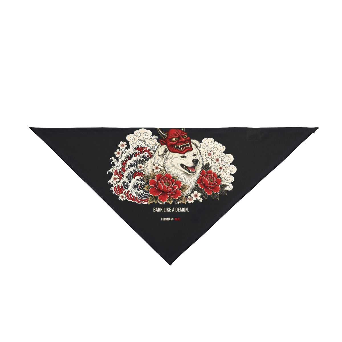 ONI dog bandana in black with red oni mask, white dog, waves and flowers print, flat front view | Formless