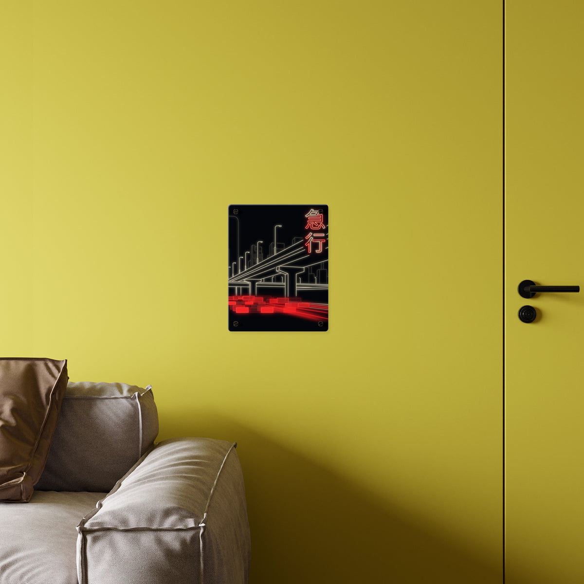 KYŪKŌ EXPRESS acrylic wall art panel on a yellow wall above a sofa | Formless