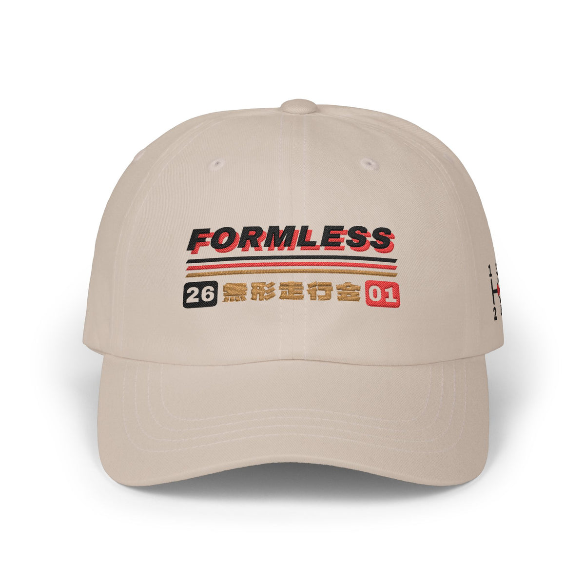 Stone Formless 無形走行会 Sōkōkai embroidered JDM dad cap, front view with italic FORMLESS racing wordmark, triple stripe and 26 無形走行会 01 race plates