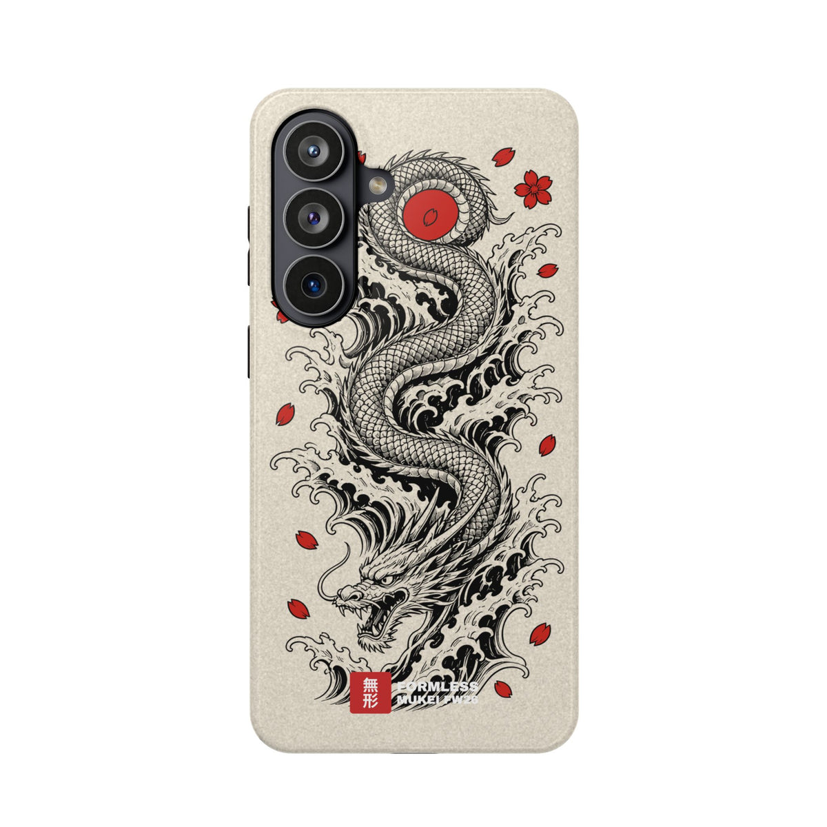 RYŪ dragon magnetic tough phone case, front view on a phone with a vertical triple camera | Formless