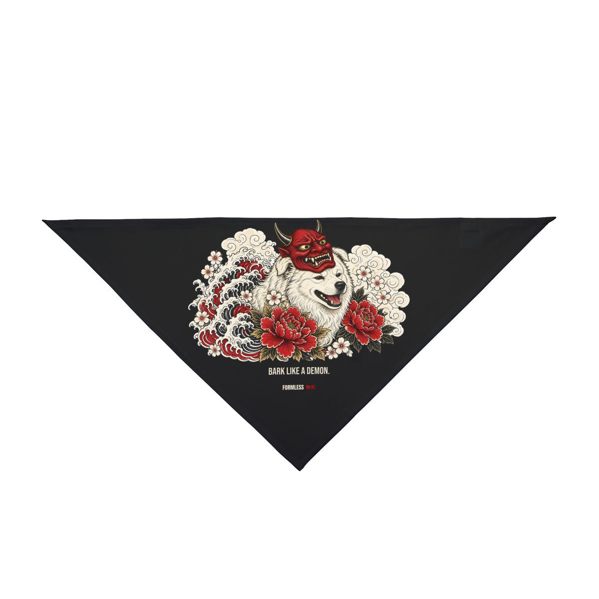 ONI dog bandana in black with red oni mask, white dog, waves and flowers print, close-up of the print | Formless