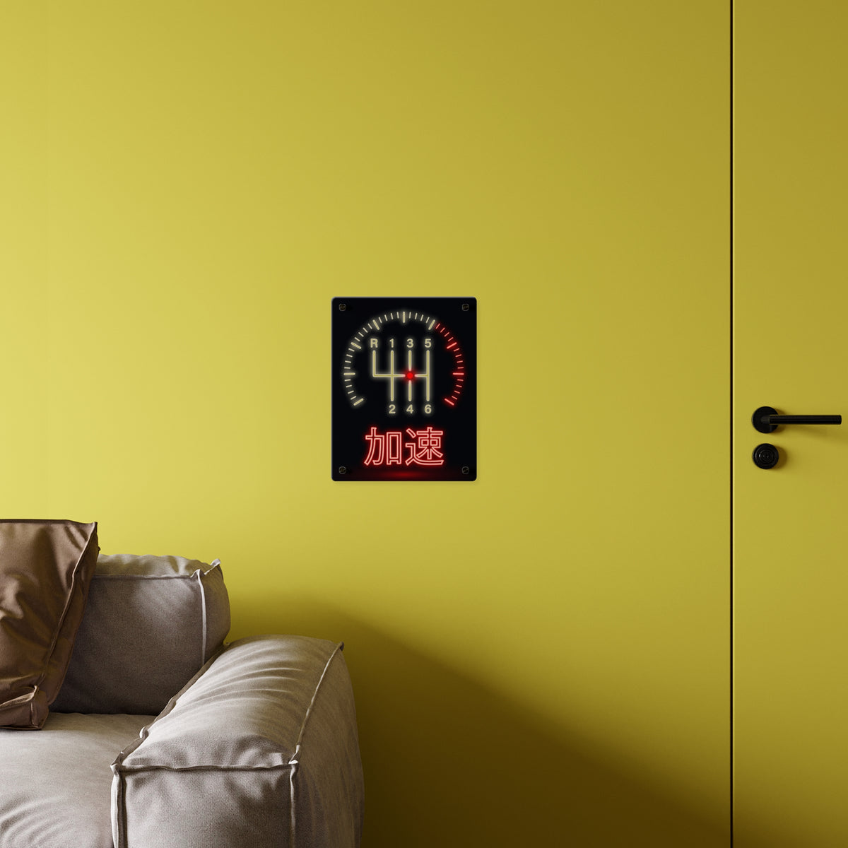 KASOKU ACCELERATE acrylic wall art panel on a yellow wall above a sofa | Formless