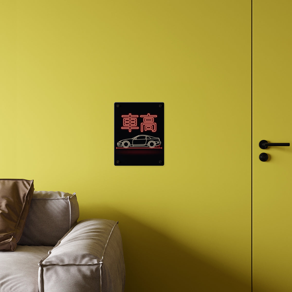 SHAKOTAN LOW STANCE acrylic wall art panel on a yellow wall above a sofa | Formless