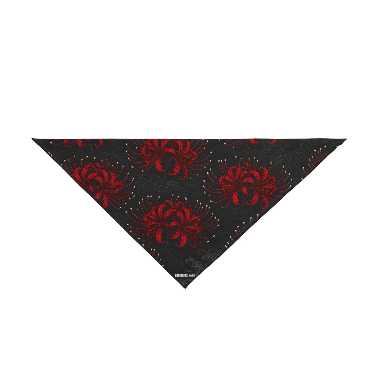 HIGANBANA dog bandana in black with all-over red spider lily print, flat front view | Formless