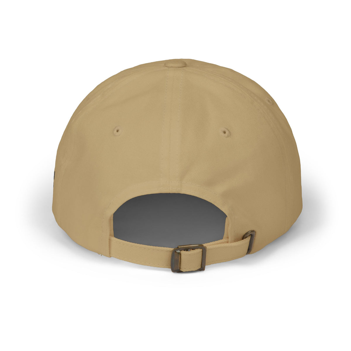Khaki Formless 無心 Mushin embroidered kanji dad cap, back view with adjustable strap and brass buckle