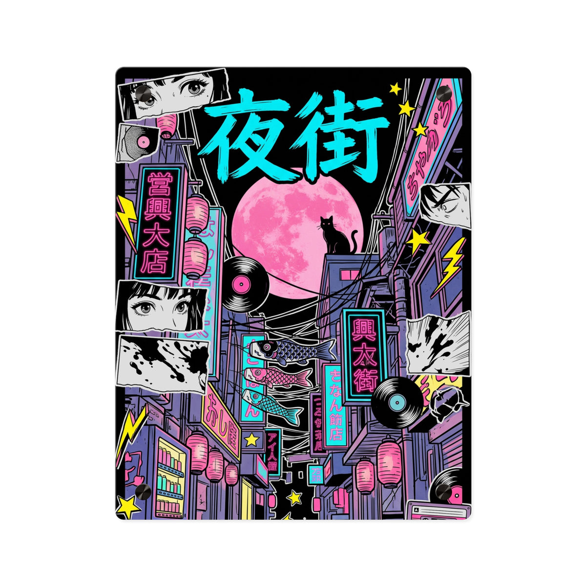 YORU MACHI NEON ALLEY acrylic wall art panel, front view with a neon Tokyo alley on black | Formless