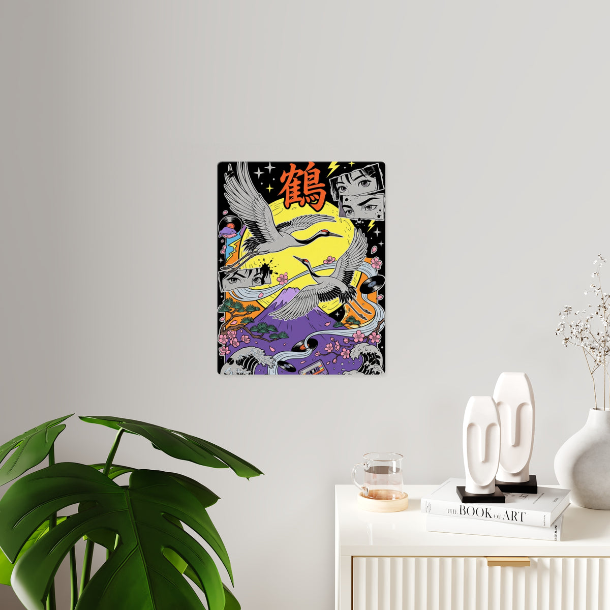 TSURU CRANES & FUJI acrylic wall art panel on a white wall beside a plant and sideboard | Formless