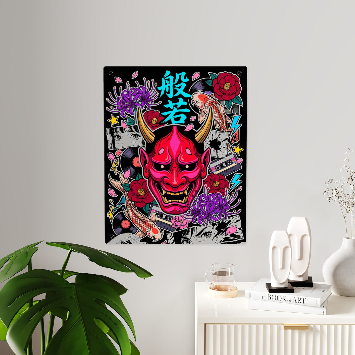 HANNYA acrylic wall art panel, larger panel on a white wall beside a plant and sideboard | Formless