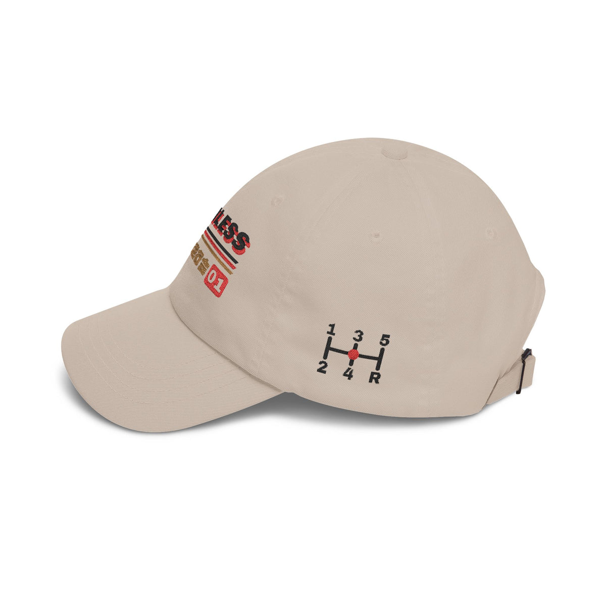 Stone Formless 無形走行会 Sōkōkai embroidered JDM dad cap, side view showing embroidered H-pattern shift gate on the left side