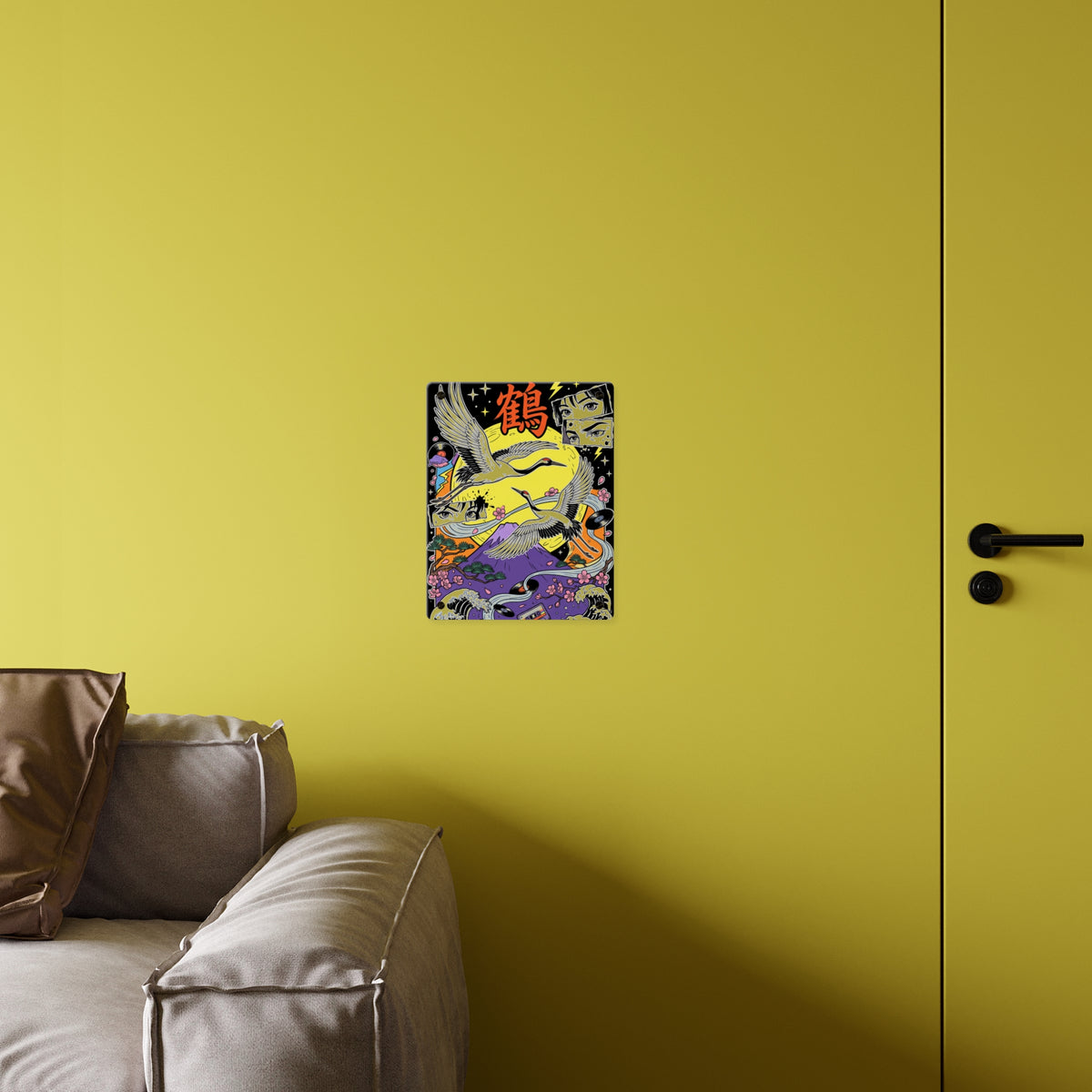TSURU CRANES & FUJI acrylic wall art panel on a yellow wall above a sofa | Formless