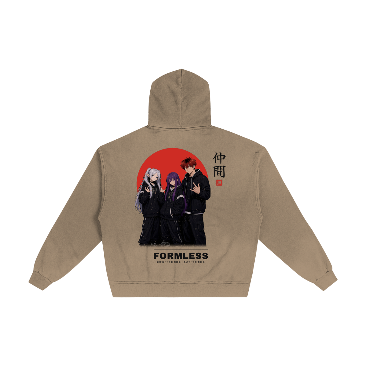 Hand-frayed sunfade zip hoodie in Sand Apricot with illustrated trio, red rising sun and 仲間 – back | Formless