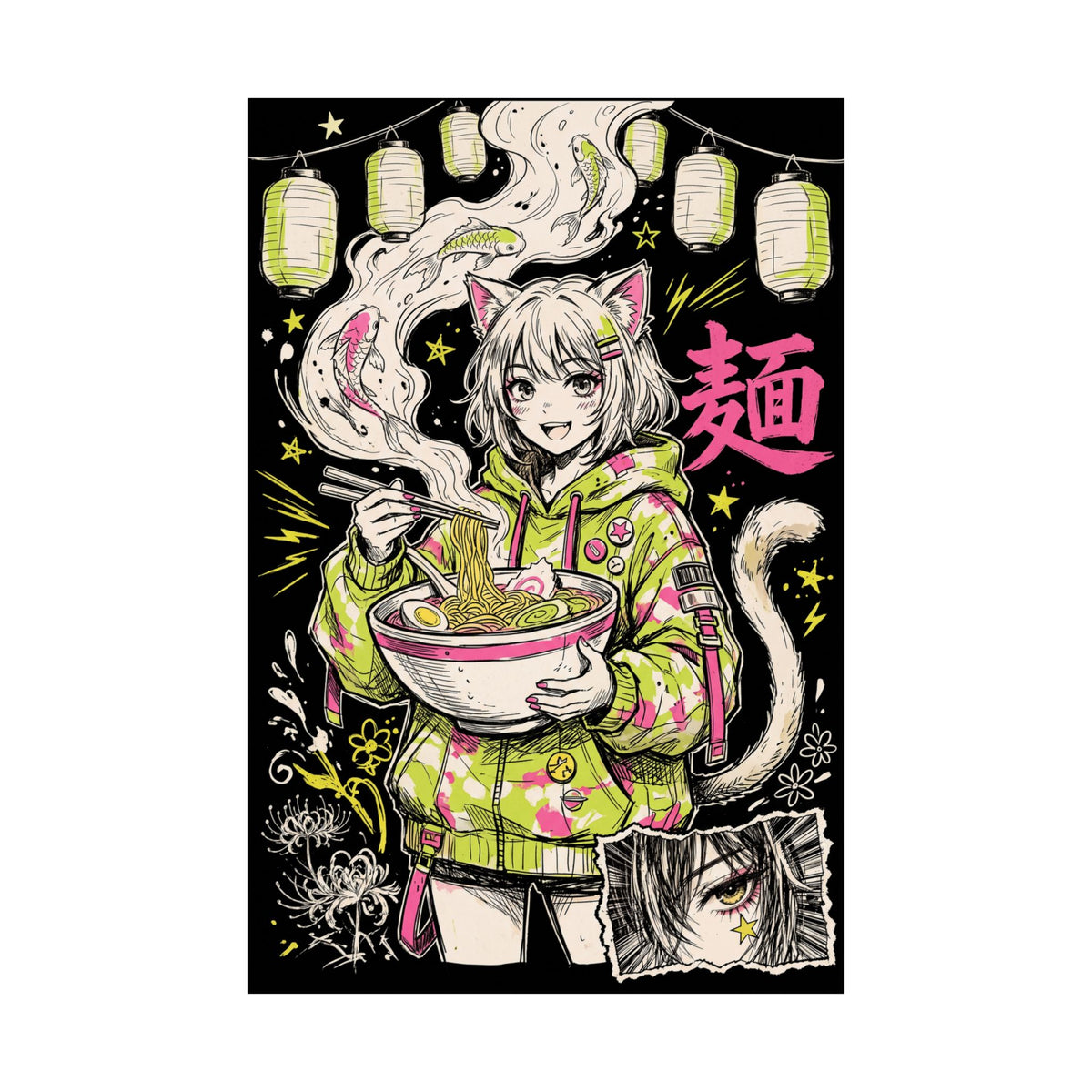 RAMEN NEKO hand-drawn Japanese art poster, flat full-artwork view of a cat-eared girl eating ramen on black | Formless