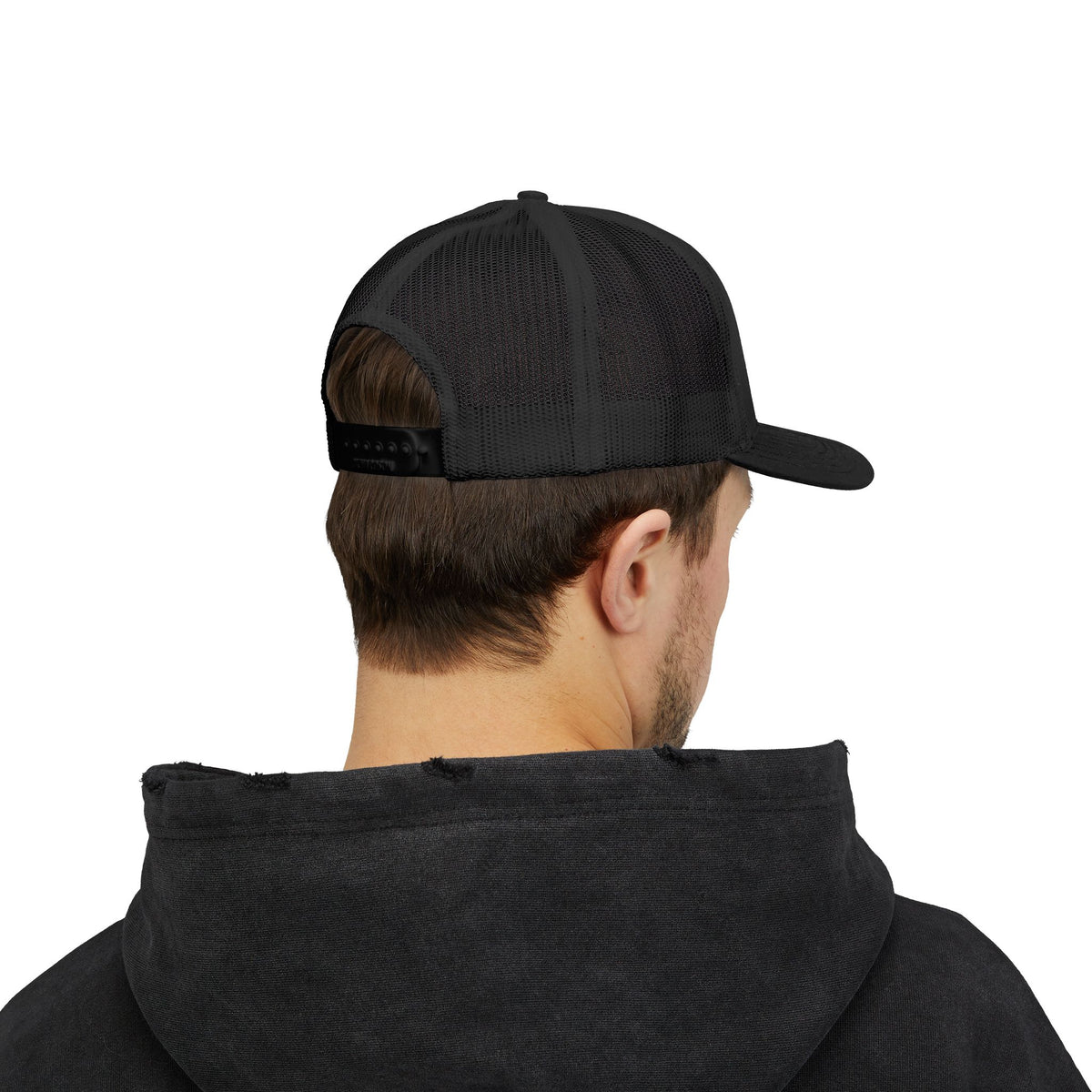 BRB DYING embroidered trucker cap in Black with white BRB DYING embroidery on the front – worn, back | Formless