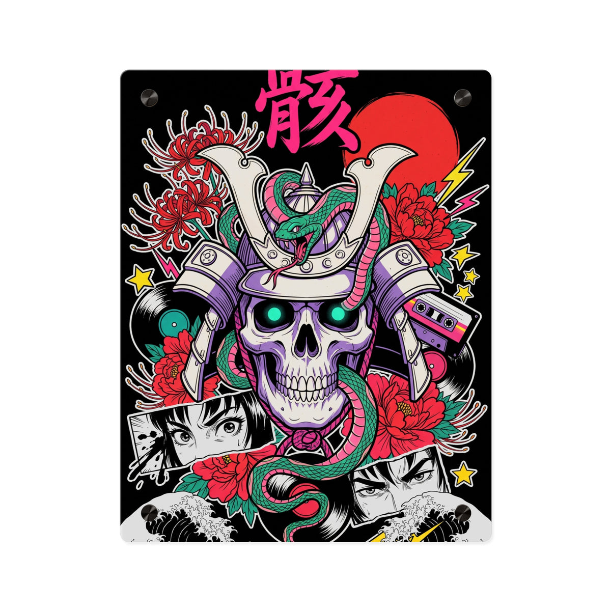 GAI SAMURAI SKULL acrylic wall art panel, front view with a samurai skull on black | Formless