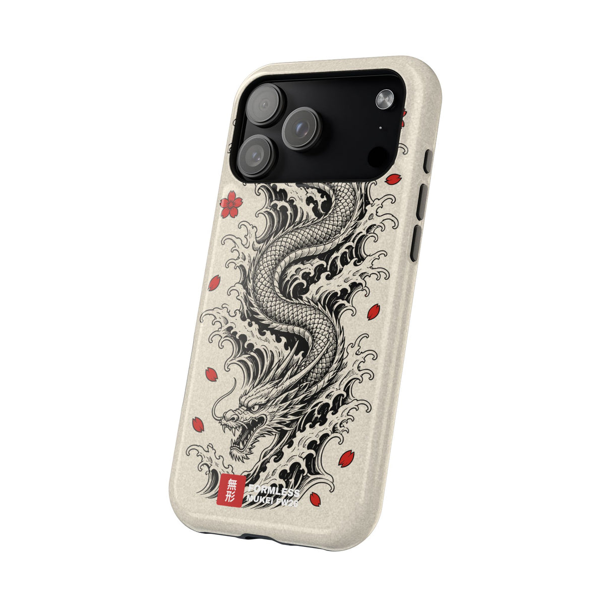 RYŪ dragon magnetic tough phone case, angled side view showing button cutouts and dragon art | Formless