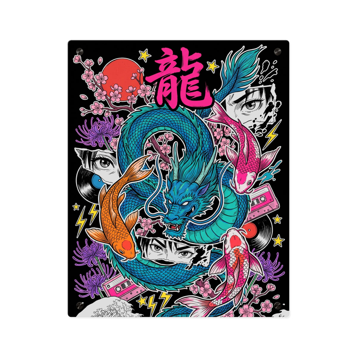 RYŪ KOI DRAGON acrylic wall art panel, front view close-up with a teal dragon and koi | Formless